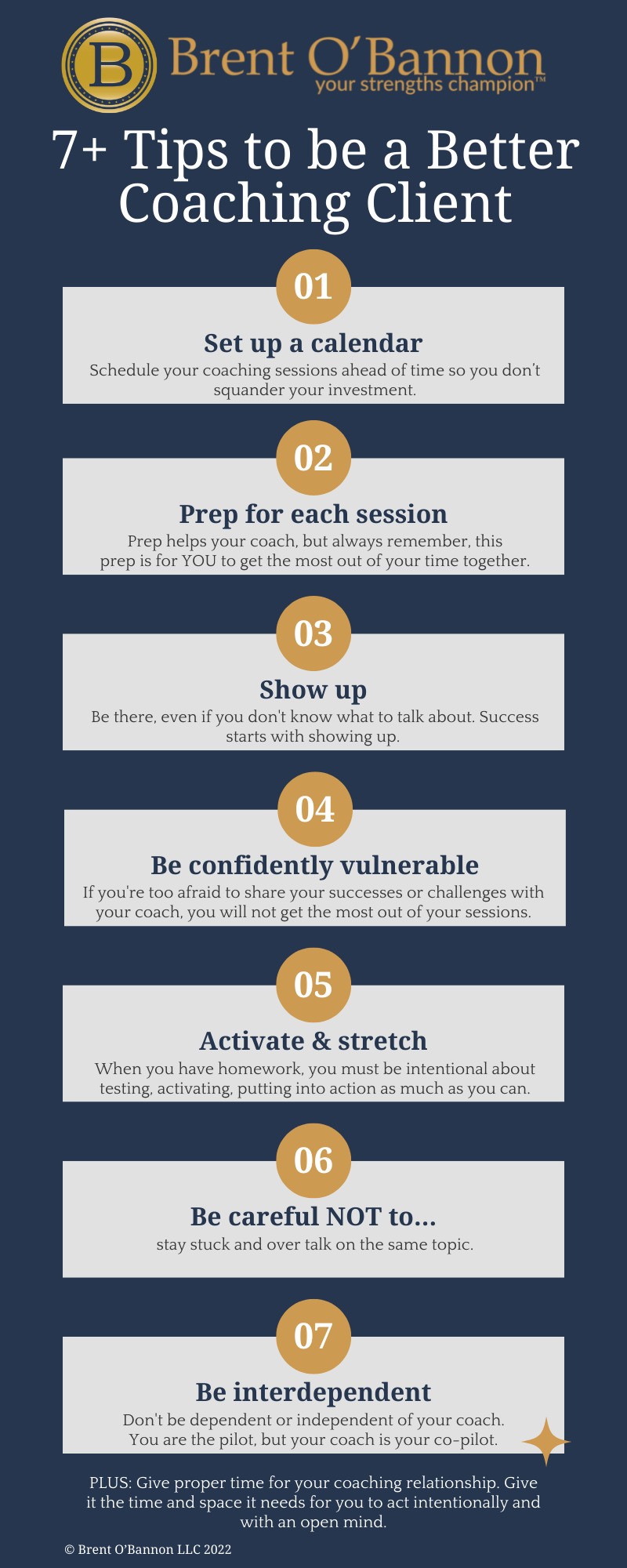 Infographic of 7tips to be a better coaching client: 1-set up a calendar, 2-prep for each session, 3-show up, 4-be confidently vulnerable, 5-activate and stretch, 6-be careful NOT to, 7-be interdependent, PLUS-give proper time for your coaching relationship.